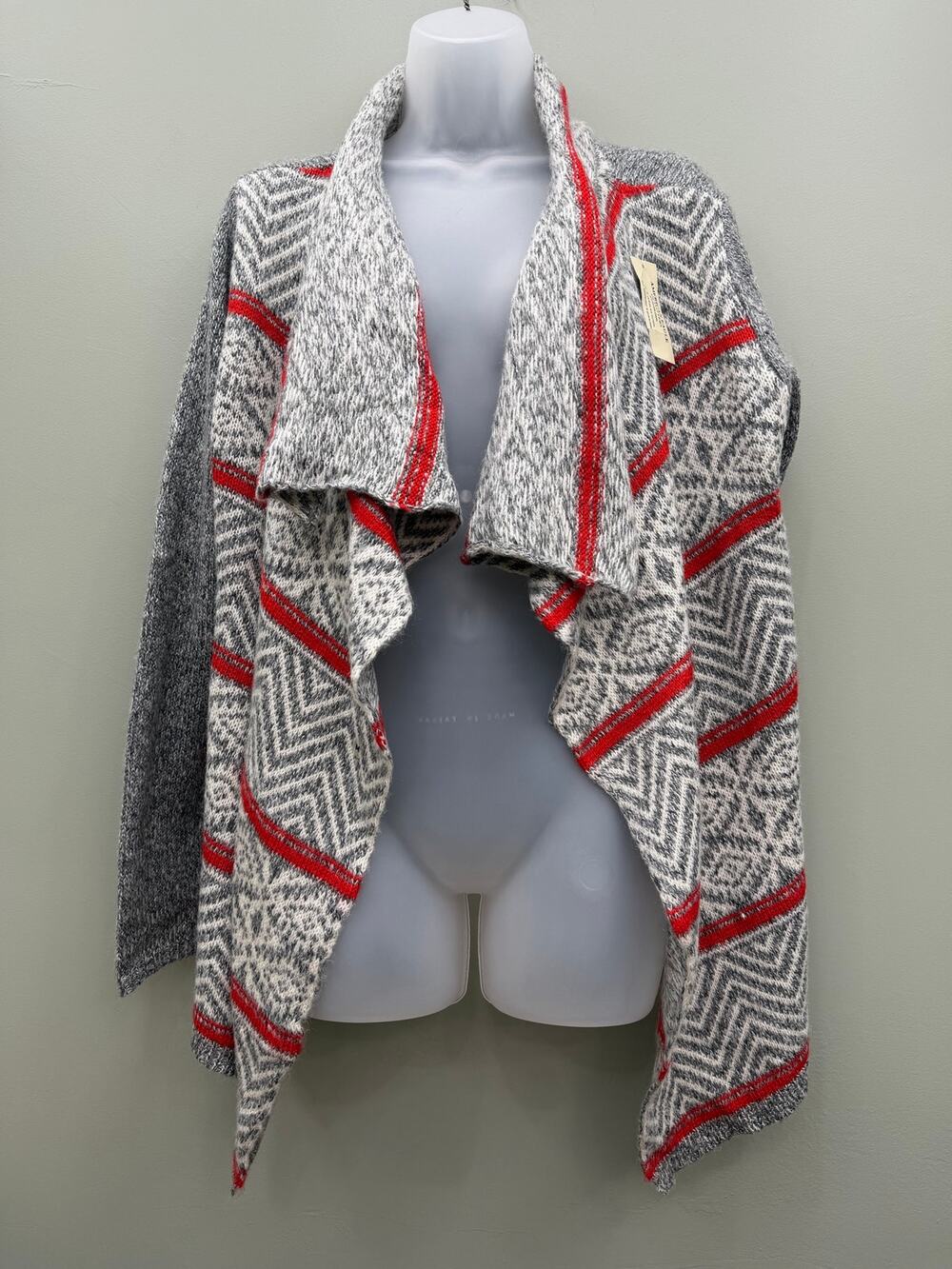 NWT American Eagle Fair Isle Waterfall Cardigan Sweater Gray Red M
